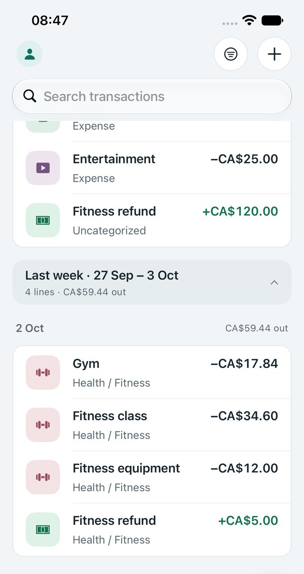 ZeusCoffer Activity screen: transactions grouped by week and day, each with its category.