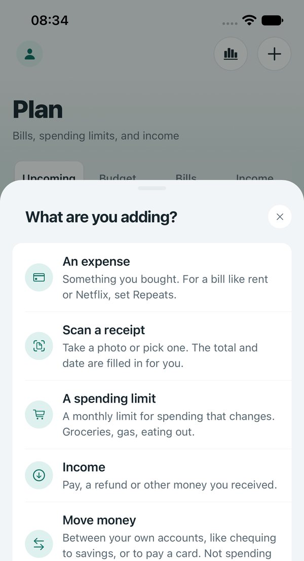 ZeusCoffer add sheet: What are you adding? An expense, scan a receipt, a spending limit, income, or move money.