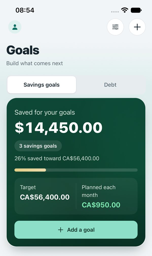 ZeusCoffer Goals screen: total saved for goals, target, monthly plan and an Add a goal button.