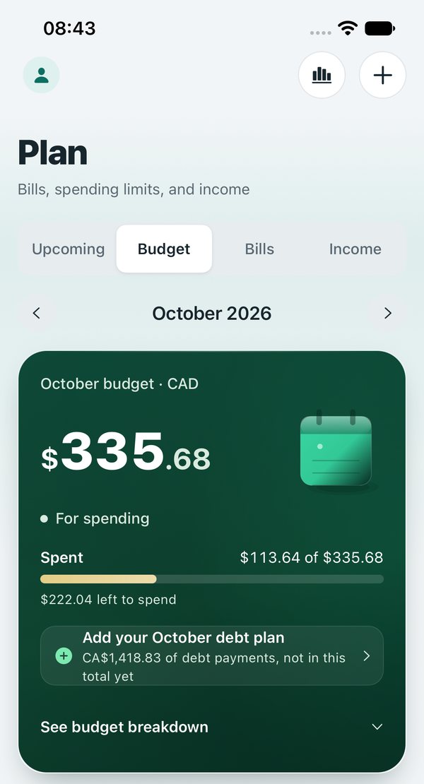 ZeusCoffer Plan screen on the Budget tab: October budget with spent so far and what's left to spend.