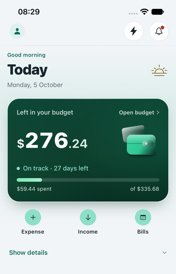 ZeusCoffer Today screen: Left in your budget, $276.24, on track with 27 days left, with Expense, Income and Bills buttons.